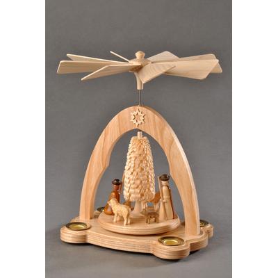 Weihnachtspyramide ALBIN PREISSLER "Schäfer mit Schafen und gedrechseltem Ringelbäumchen", beige (natur), B:17cm H:20cm T:13cm, Massivholz, Weihnachtspyramiden, Weihnachtspyramide, Handwerkskunst aus dem Erzgebirge