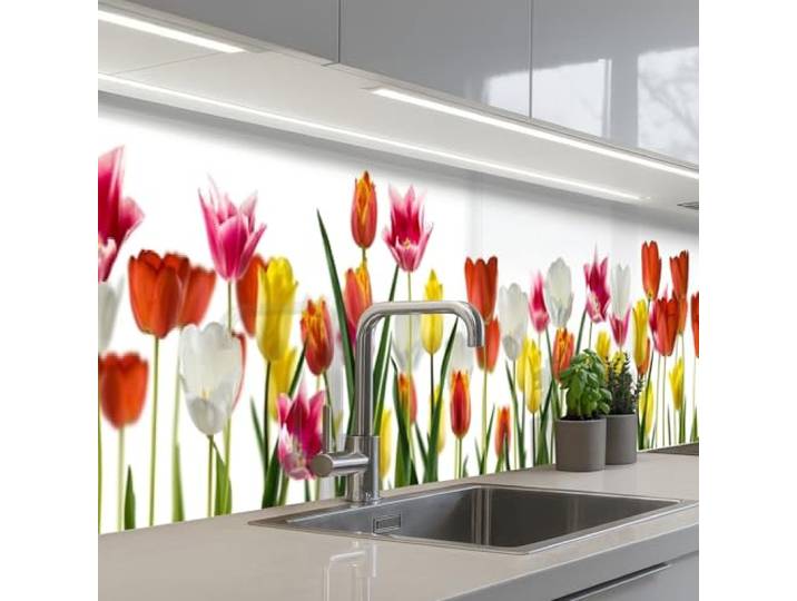 KitchenYeah© Rückwand Küche Rückwandschutz Selbstklebend Spritzschutz 60x500 cm - Küchenrückwand Küchenfront Küchen Selbstklebende Küchenrückwände Blumen - Tulpen - Bunt