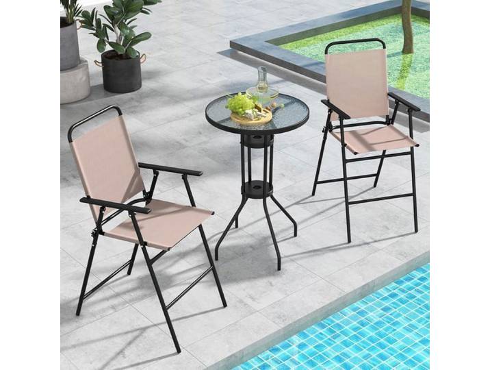 GOPLUS Salon de Jardin 3 Pièces-Table Jardin Ronde avec 2 Chaises Pliantes-Plateau en Verre Trempé avec Belles Textures-Charge