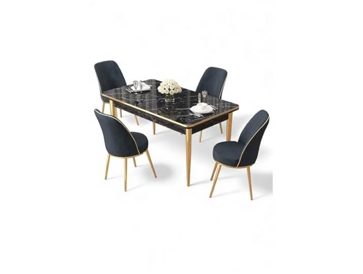 Elegant 5-Piece Dining Table & Chairs Set, Black Marble & Gold, 100% Melamine Coated Chipboard, Metal Legs, Modern Design for Home & Hotel
