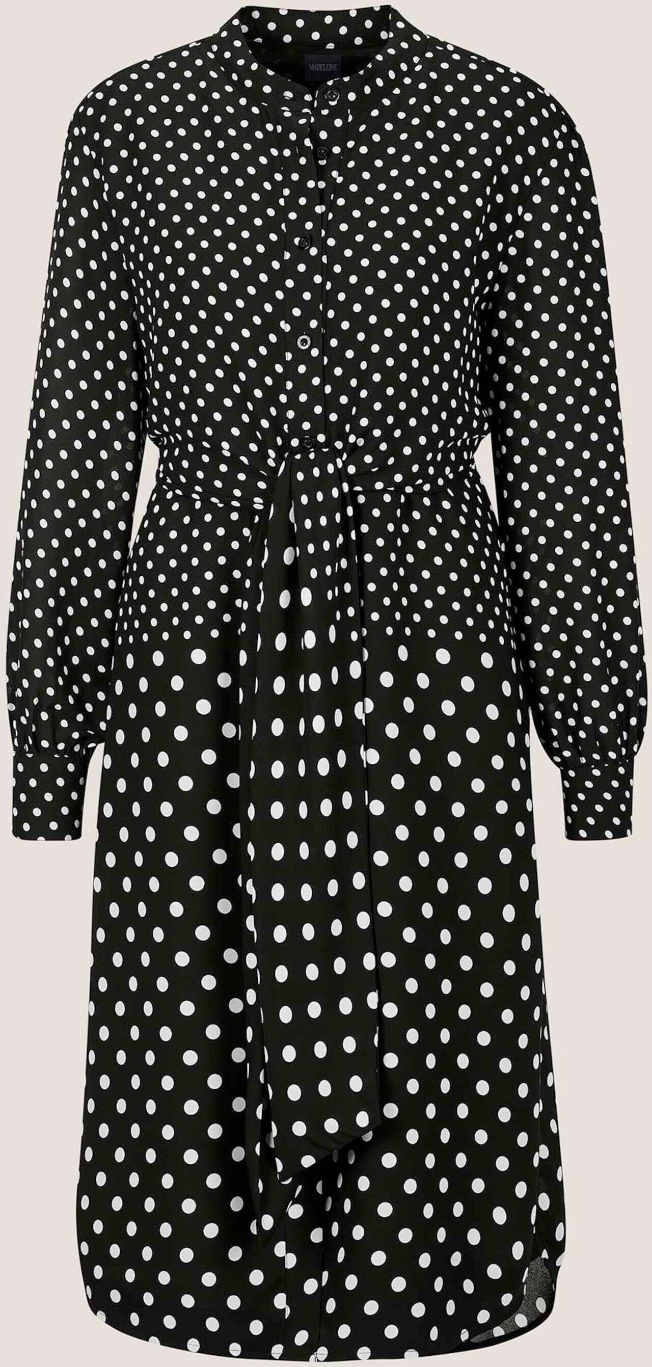 Sommerkleid MADELEINE "Wickelkleid Tupfenkleid mit Wickeloptik", Damen, Gr. 34, N-Gr, schwarz-weiß (schwarz, wollweiß), Obermaterial: 100% Polyester PES., Modern, tailliert, Kleider Sommerkleid, Wickeloptik