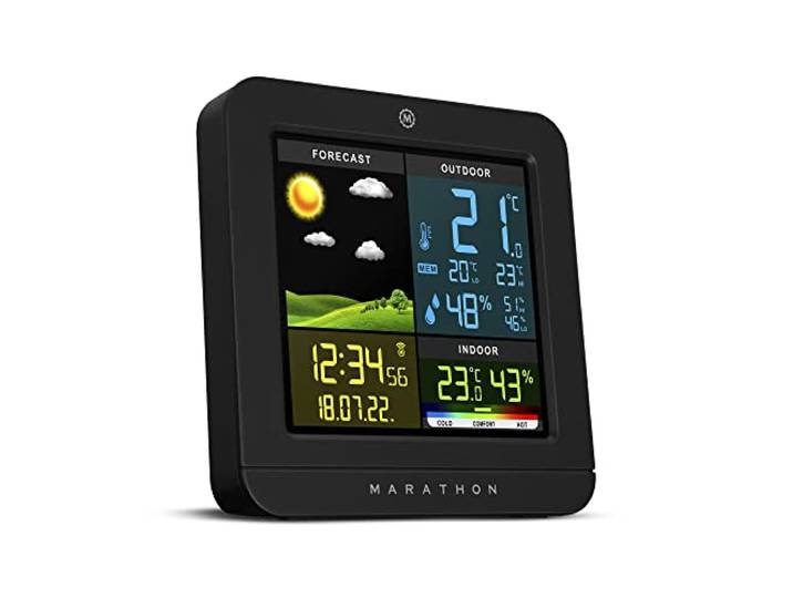Marathon Berlin-Weerstation voor binnen draadloos met buitensensor-weer-temperatuurvoorspelling en luchtvochtigheid int en ext-weergave van min-max van de dag-radiotijd
