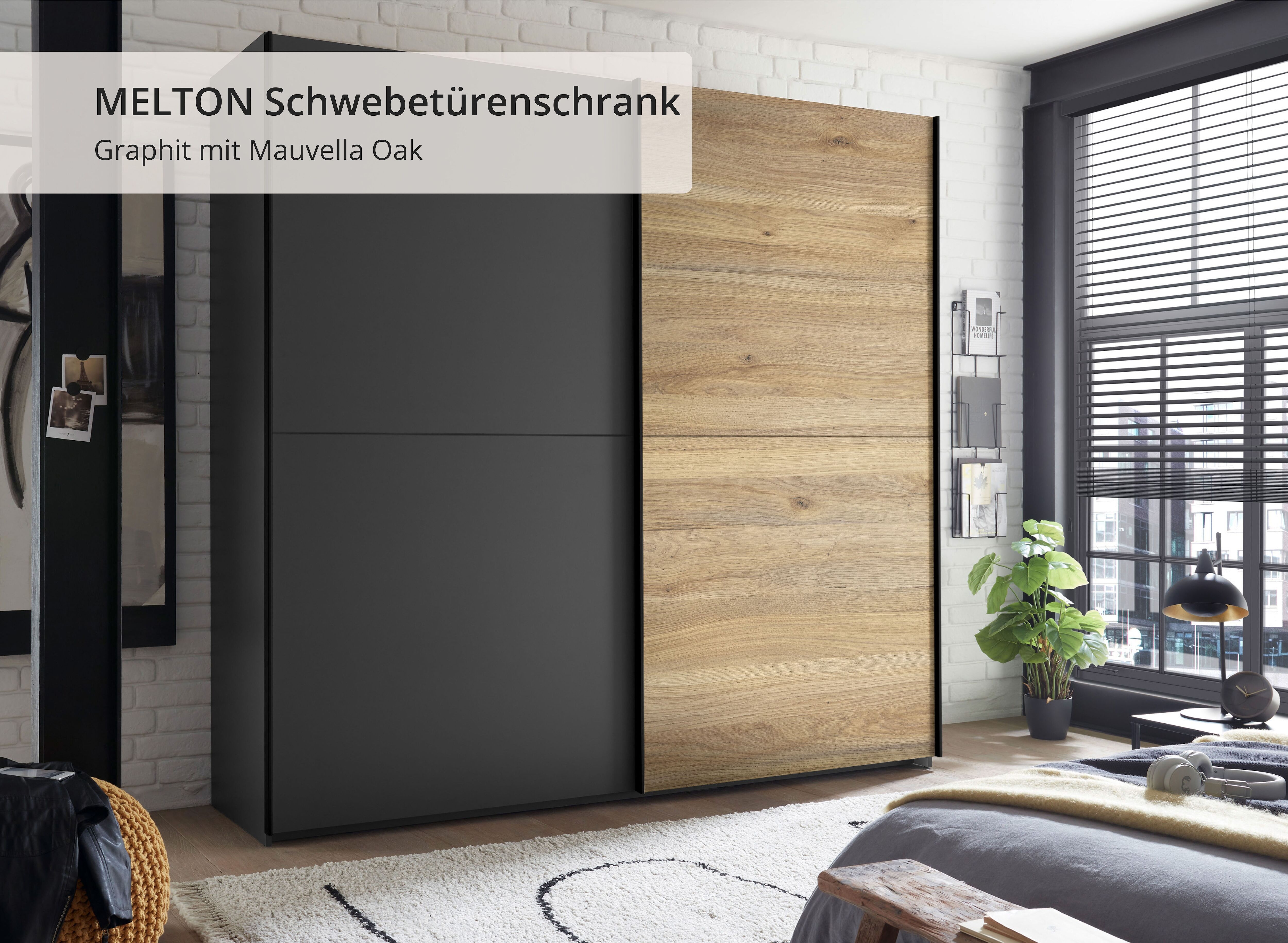 Schwebetürenschrank SCHLAFKONTOR "Melton Kleiderschrank mit Schiebetüren und Hoteleinteilungen", grau (graphit, mauvella oak), B:215cm H:210cm T:60cm, Holzwerkstoff, Schränke, Schwebetürenschrank, optional verstellbare Einlegeböden graphit, mauvella oak B