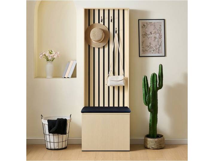 Modenuit meuble d'entrée avec banc intégré rangement chaussures 4 crochets MDF décor bois clair et noir