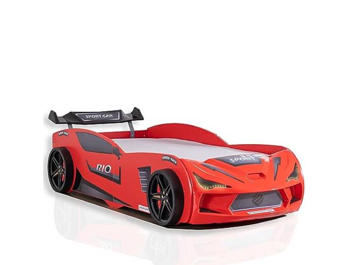 Aileenstore Autobett Kinder Kinderbett Rio 90x200 inkl. Lattenrost LED-Leuchte Spoiler (ohne Matratze, Rot ohne Sportsitze)