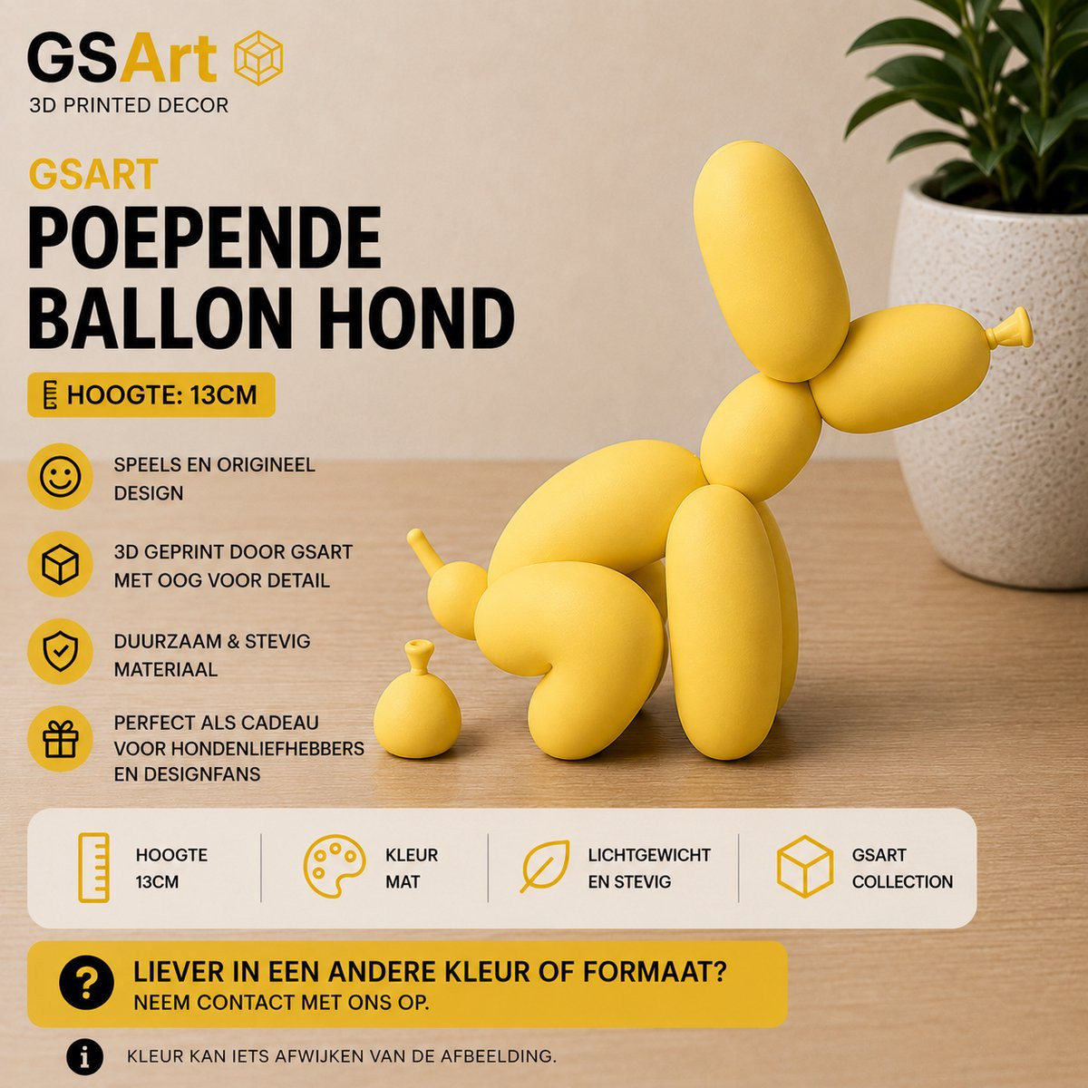 GSArt Decoratief Beeld Poepende Ballon Hond - Mat Geel - 13 cm