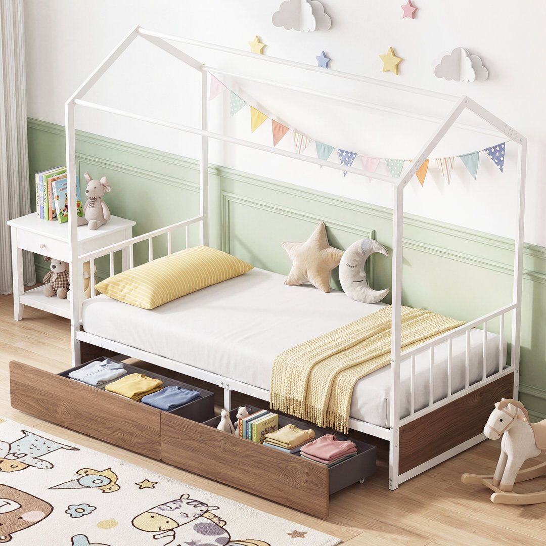 Happy Larry Single Size House Bed Heavy-Duty Metal Platform Bed with 2 Drawers Brown