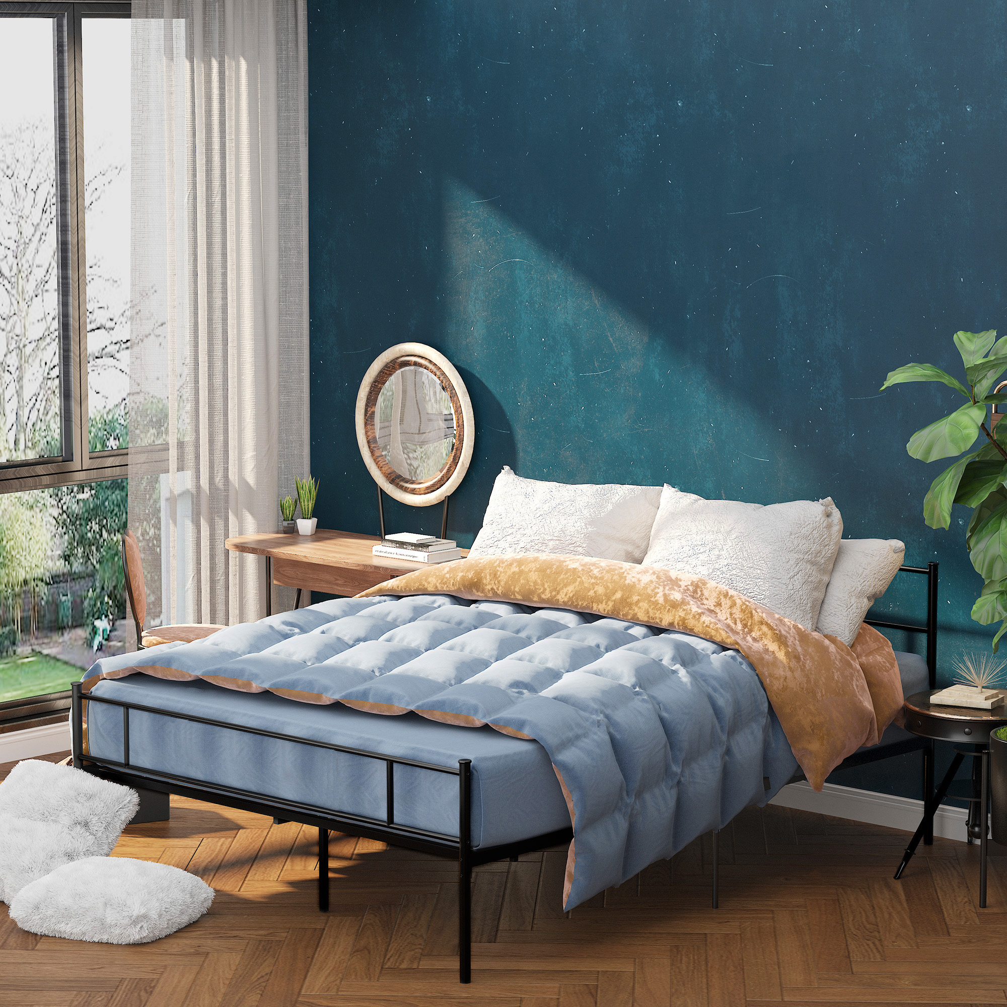 Homcom Struttura Letto Matrimoniale 165x211x100cm in Acciaio, Doghe Integrate, Testiera e Pediera Stile Industriale, Nero Aosom