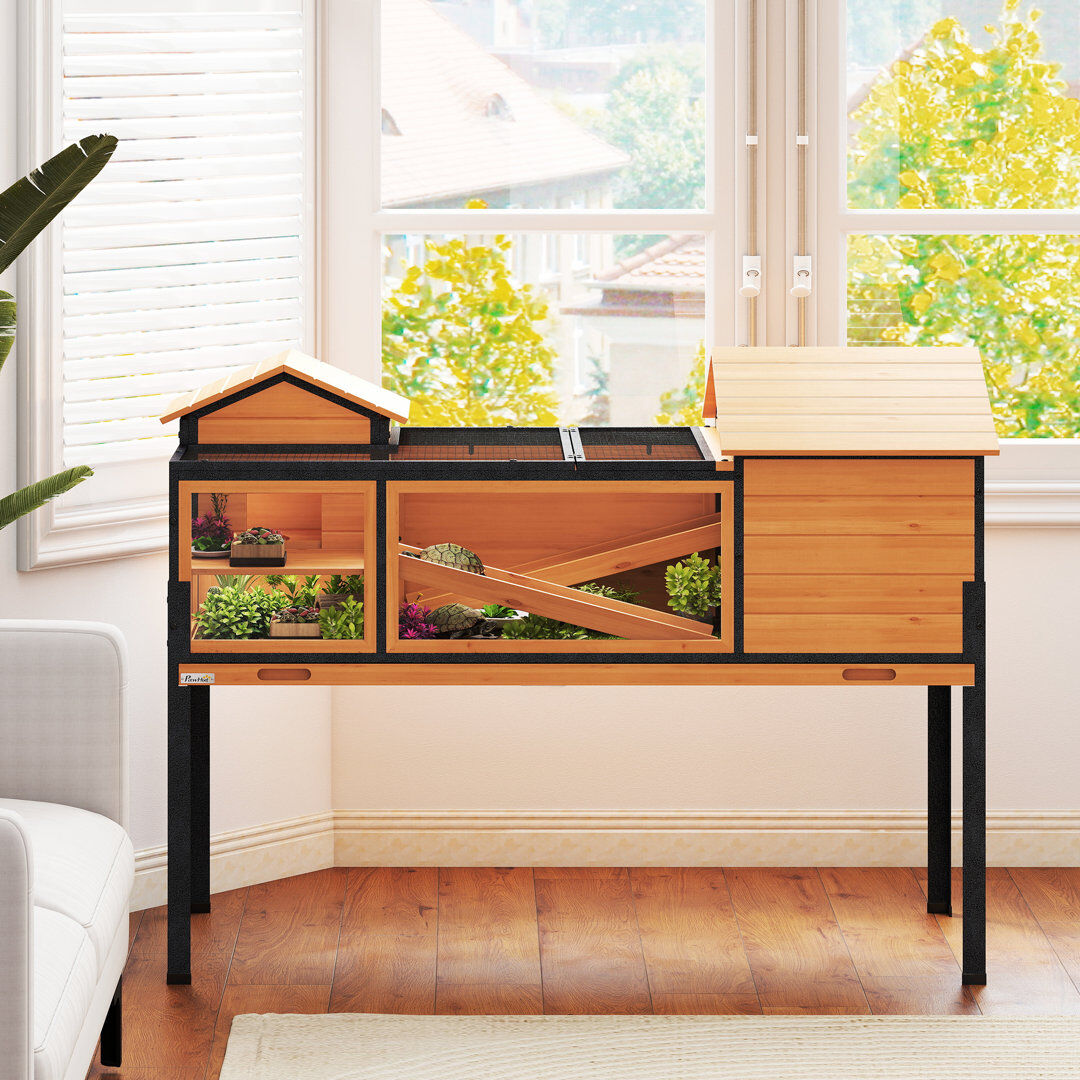 PawHut Wooden Tortoise House with Stand Legs Observation Windows Yellow Yellow 96cm H X 128cm W X 63cm D