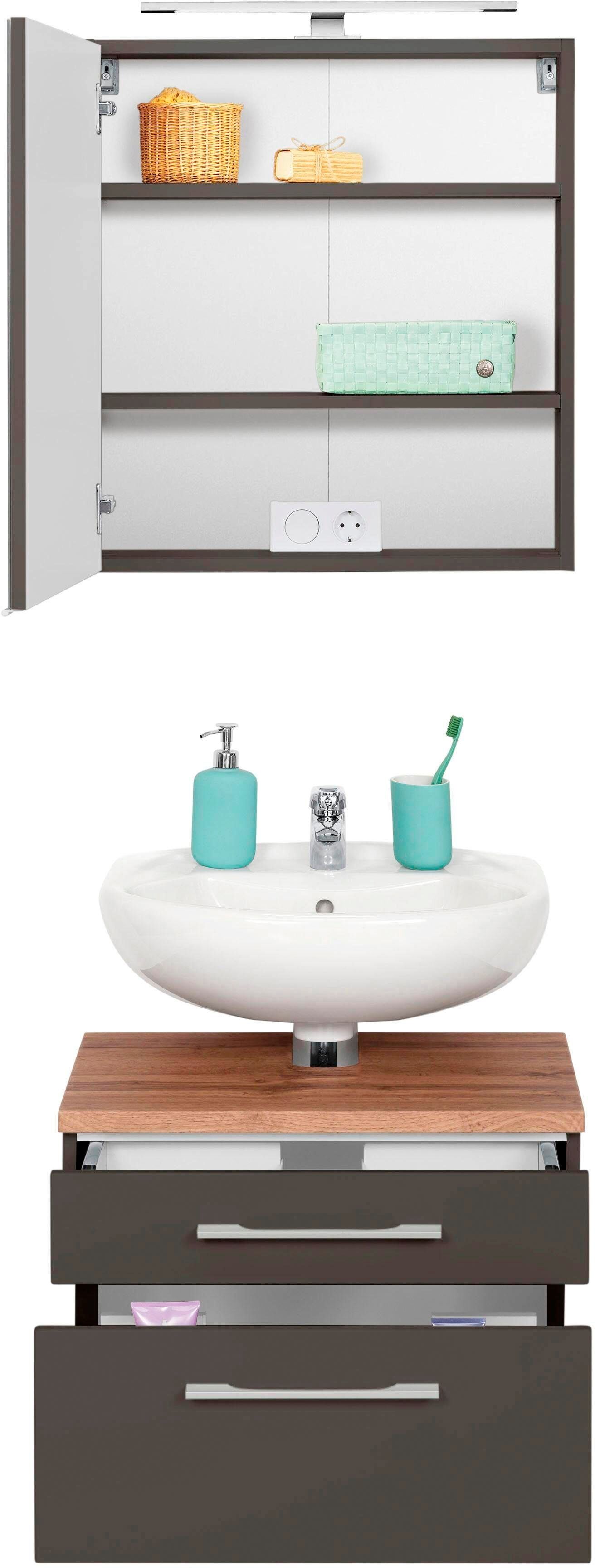 Badmöbel-Set WELLTIME "Davos", grau (graphit, grau), Holzwerkstoff, MDF, Melamin, Kastenmöbel-Sets, Badmöbel-Set, Spiegelschrank und Waschbeckenunterschrank graphit, grau Einheitsgröße