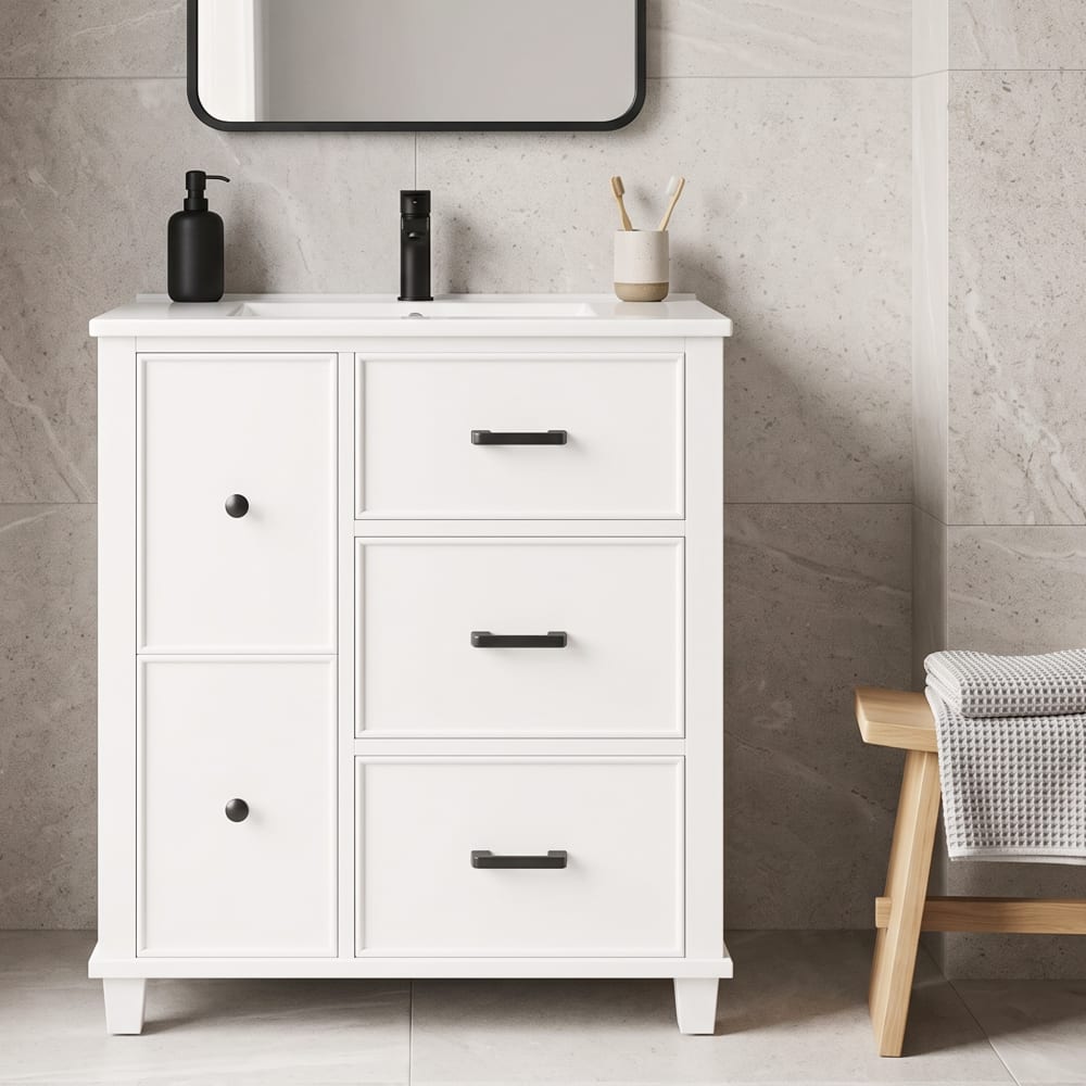Urban Meuble Meuble sous-vasque 76 cm blanc avec vasque, tiroirs et abattant Blanc 77x84x47cm