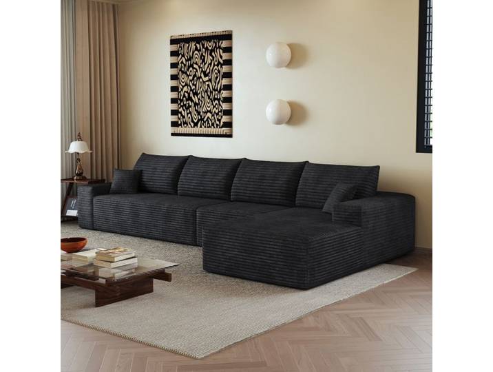 Canapé d'angle Modulable Noir en Velours Côtelé Canapé Panoramique Assise Profonde Sans Montage 340x175x83cm