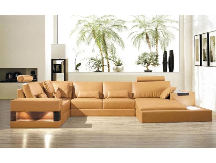 JVmoebel Wohnlandschaft Beige Ledersofa mit Boxspring-Polsterung und LED-Beleuchtung, Made in Europa