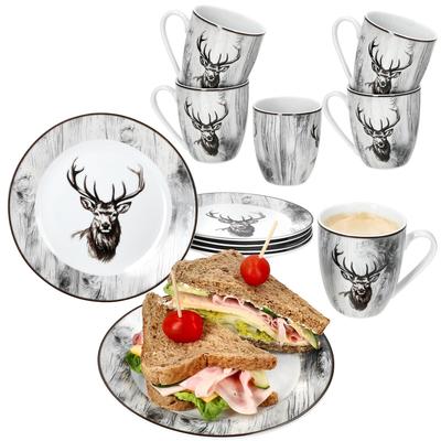 Alois 12tlg Frühstücksset Porzellan Hirsch Holz-Optik Kaffee-Becher Teller klein