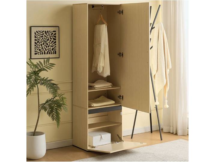 Armoire vestiaire étroite avec miroir tringle extractible étagères aspect bois clair MDF meuble d'entrée Grjofek