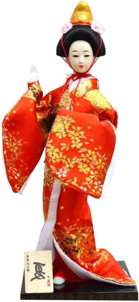 Handgemaakte Japanse Geisha Pop met zijden kostuum - Meerkleurig decoratiebeeldje - Hoogte: 30 cm