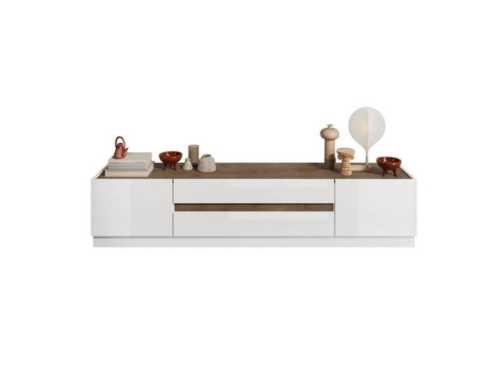 Calicosy Tv-Möbel mit 2 Türen und 2 Schubladen Utopia - L205 cm, Nussbaumfarben, 40x44x11 cm, Wohnzimmer, TV Möbel, Lowboards, Lowboards stehend