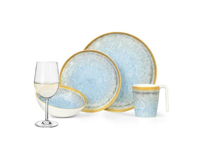 Moritz Geschirr-Set Camping Geschirr Crystal Blue + Tiamo Weißweingläsern