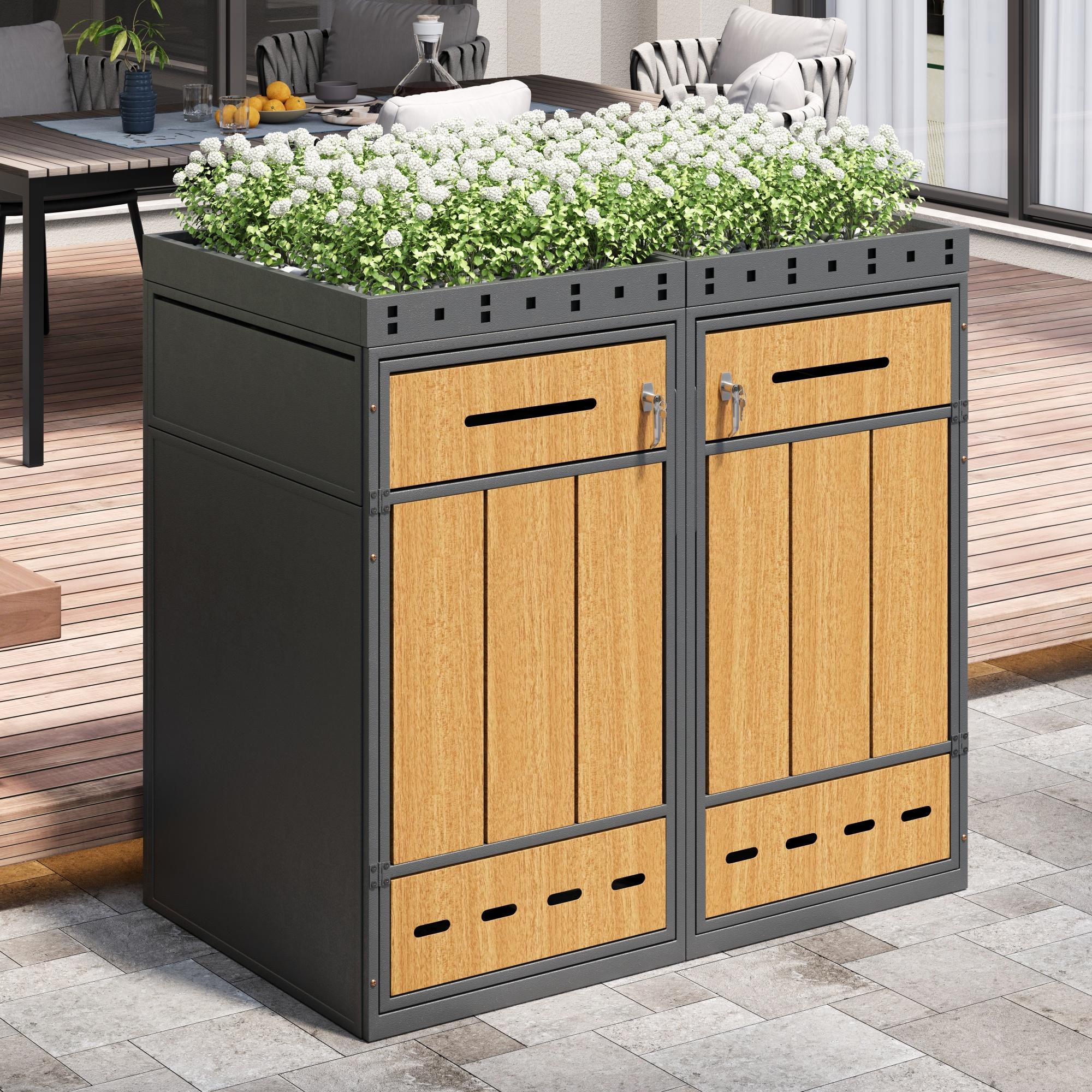 Merax Mülltonnenbox mit Pflanzdach 120-240L, Mülltonnenverkleidung aus kaltgewalztem Stahl, Müllbox zweigeteiltes Abfalltrennsystem, Holzoptik, Grau