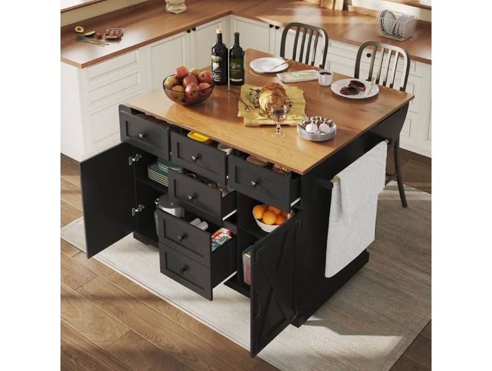 Meuble de cuisine - SOGEU - Grand rangement chariot multifonctionnel mobile - Aspect bois - Plateau rabattable - Rangement caché