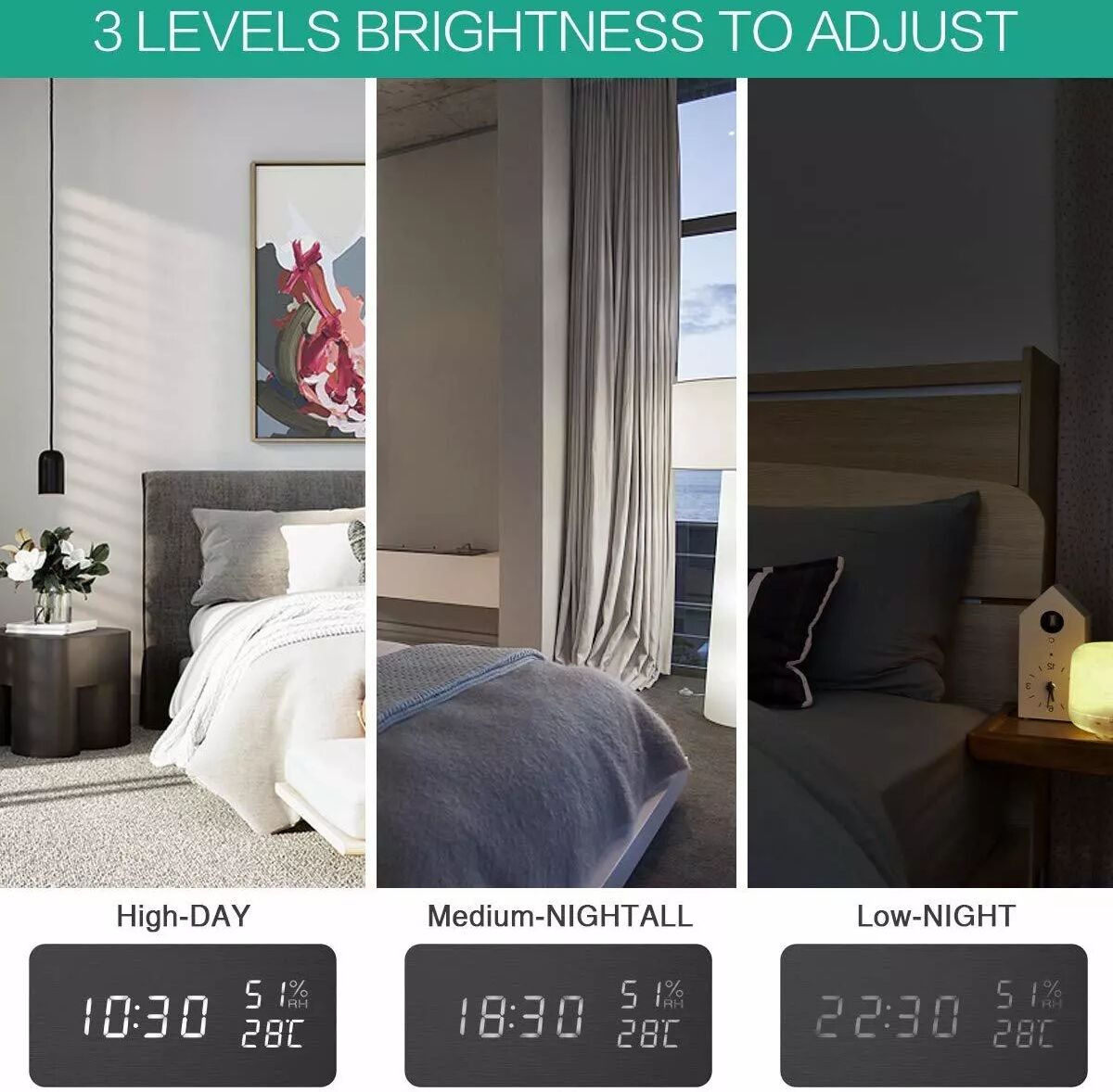 INF Digitaler LED-Wecker, digitaler Wecker, Reisewecker, Tischuhr, Uhr mit Datum und Temperatur, schwarzes Holzdesign