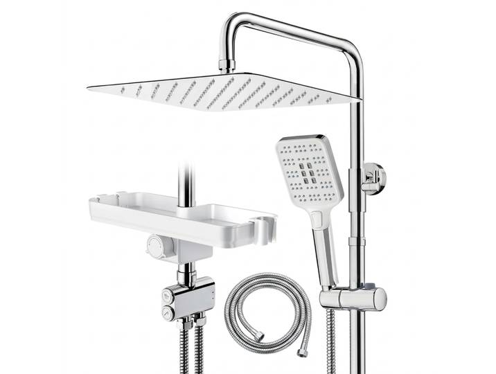 Système de douche chromé avec étagère 30x30 cm, douche pluie angulaire, douchette (3 modes), convertisseurs en laiton, ensemble de douche sans robinet