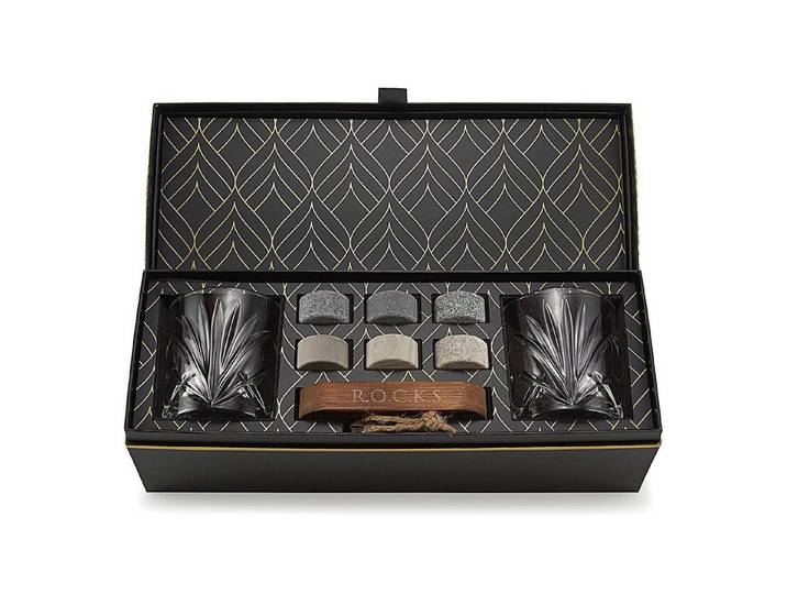 LuxusKollektion Whiskyglas Whiskey Stein Set mit Gläsern & Holztablett, Stein