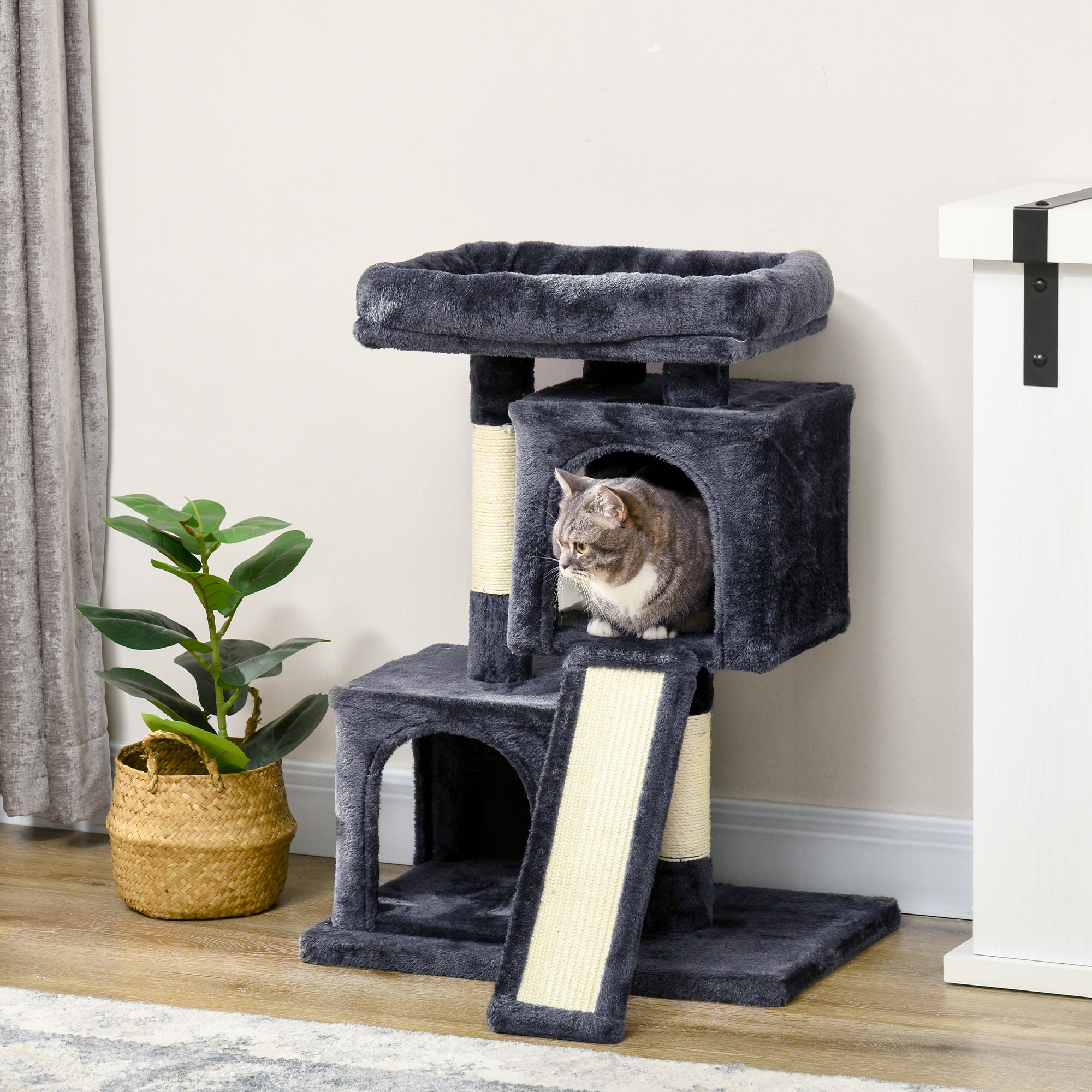 Pawhut Albero Tiragraffi per Gatti con Pali in Sisal, Lettino e 2 Casette, 59x39x83cm, Nero Aosom