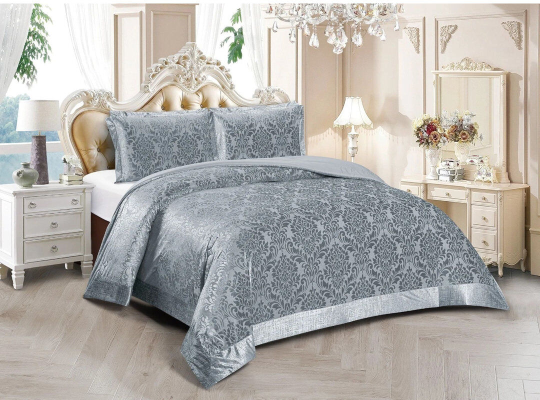 icon bedding 3 Piece Velvet Damask Jacquard Bedspread Reverse Microfibre Bed Throw 2 Matching Pillow Shams Silver King Bedspread + 2 Standard Pillowcases