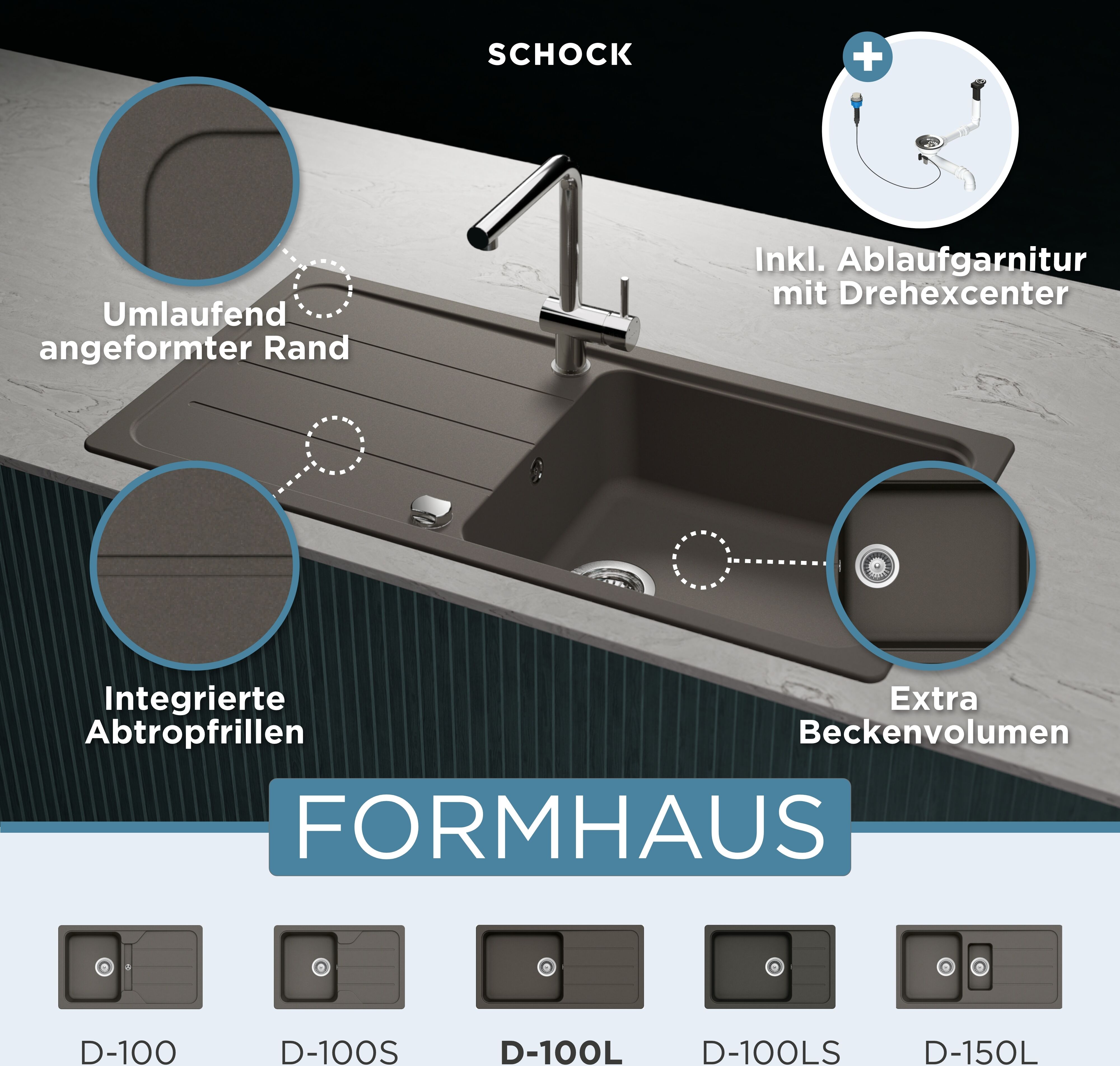 Granitspüle SCHOCK "Formhaus", grau (asphalt), B:100cm H:29,8cm T:50cm, Domogranit, Küchenspülen, Granitspüle asphalt Einheitsgröße