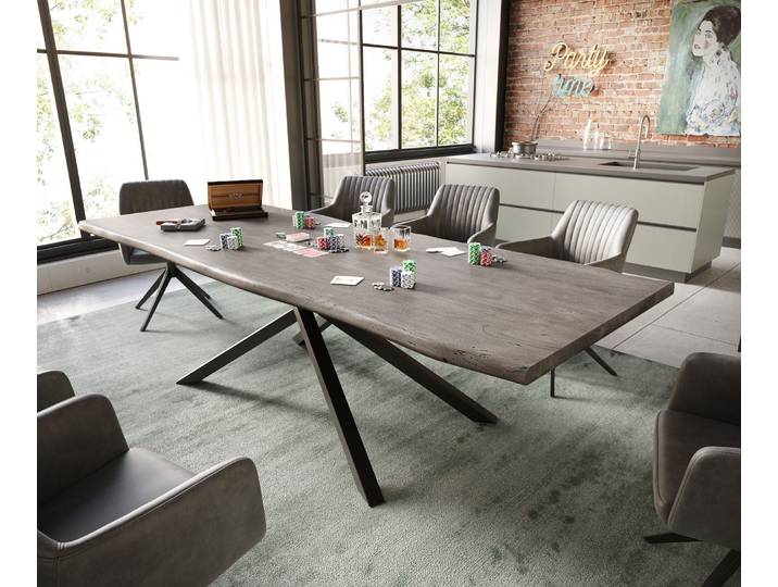 Table à manger Edge 260x100 acacia platine cadre croisé rectangle noir Live Edge