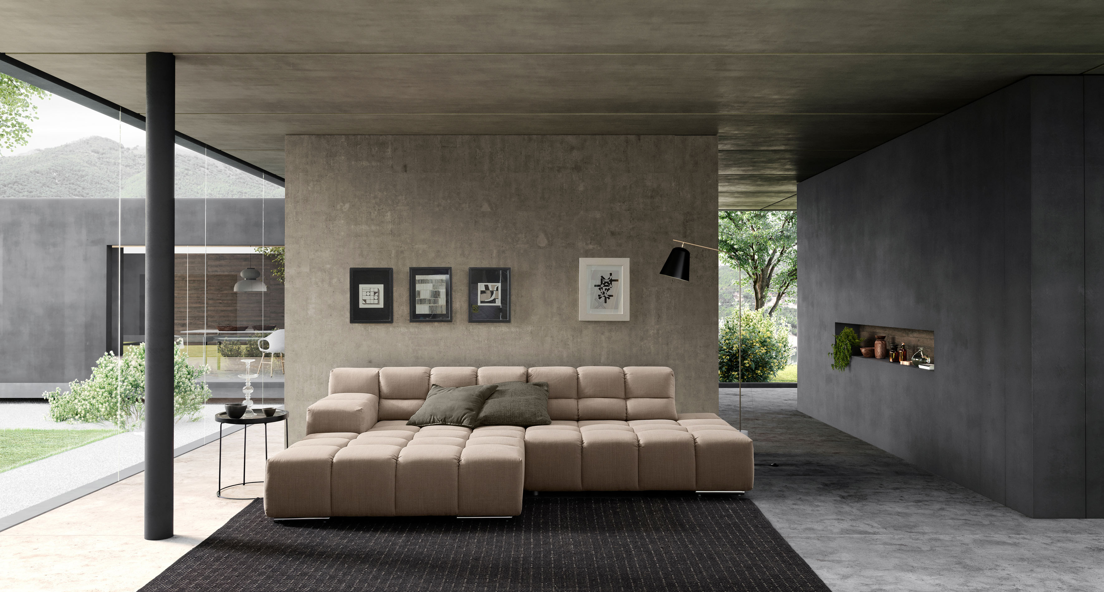 Ecksofa DESIGNWERK "Temple, Designsofa trifft hohen Sitzkomfort, L-Form", beige (liver), B:286cm T:169cm, 100% Polyester, Sofas, Ecksofa, mit Sitztiefenverstellung liver B/H/T: 286cm x 169cm, Flachgewebe, Recamiere links