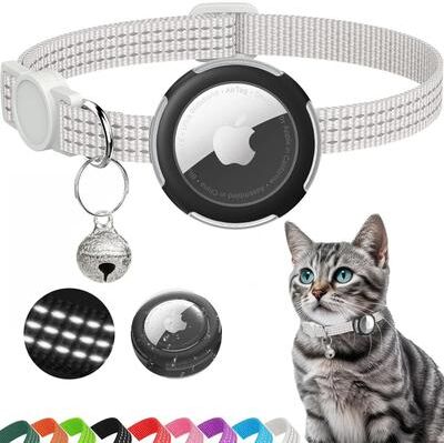 Uplift Picks Reflective AirTag Cat Collar Breakaway With Bell Holder Case For Kittens Lightweight Safety Tracking white