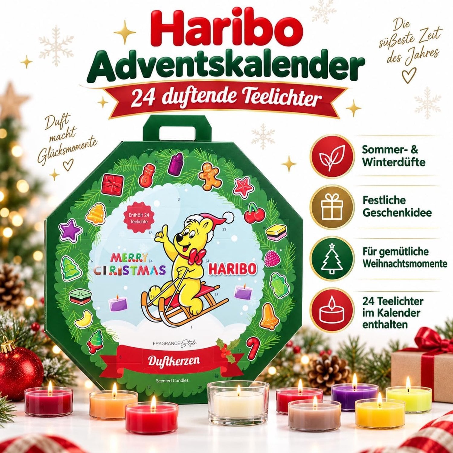 Haribo Adventskalender 2027 met 24 geurkaarsjes in zomer- en wintergeuren