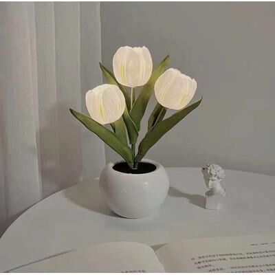 Uplifted Finds LED Tulip Night Light Simulation Flower Desk Lamp Romantic Table Decor Gift For Girlfriend white battery