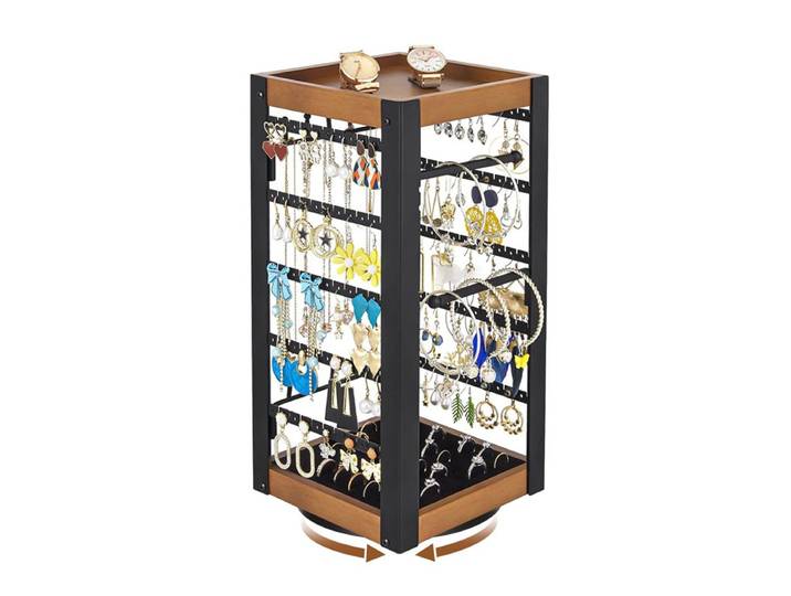 Support à bijoux rotatif carré pour boucles d'oreilles, bagues et colliers