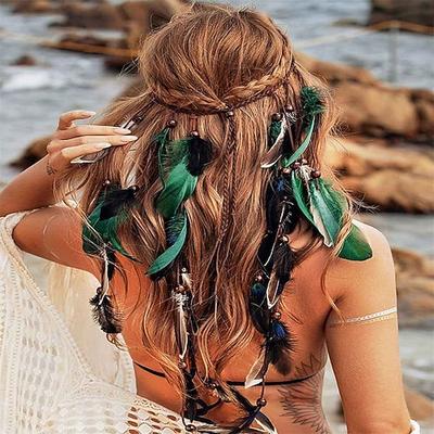 Boho Feder Stirnband Gypsy Kopfschmuck Kopfschmuck Bohemian Hippie Stirnbänder Indian Festival Haarband anpassen lange Feder Haarschmuck für Frauen und Mädchen schwarz grün