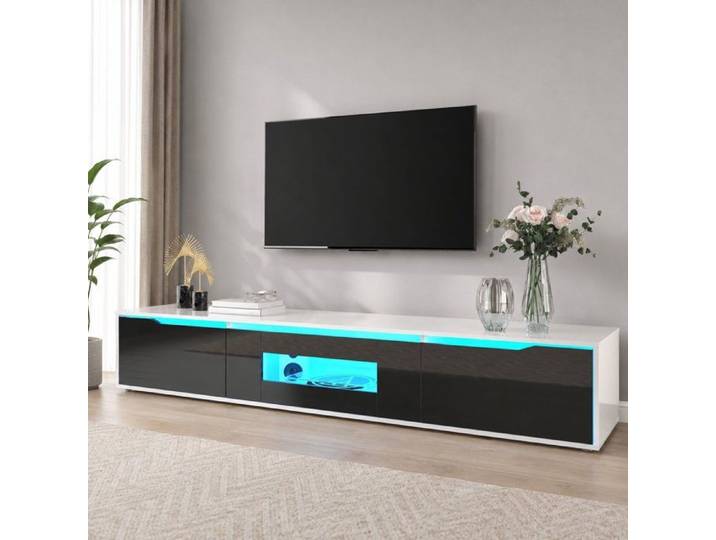 Meuble TV 180x30x35 cm COZHYESS Banc TV LED Salon Portes Rainurées Éclairage 16 Couleurs 4 Modes Fixation Murale -Noir et Blanc