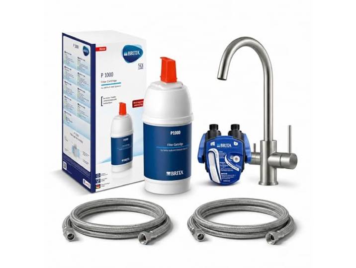 VANTO INOX 3 Wege Wasserhahn Küche Set – Edelstahl 304 Küchenarmatur Hochdruck – Untertisch Wasserfilter Trinkwasserfilter mit BRITA P1000, Filterkopf Schläuchen & Adapter C-Auslauf