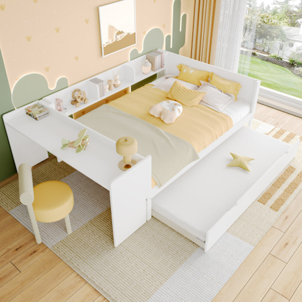 Kinderbett,Flachbett,Holzbett mit Schreibtisch, mit Rollbett,(Ohne Matratze), mit Regalen,140x200cm