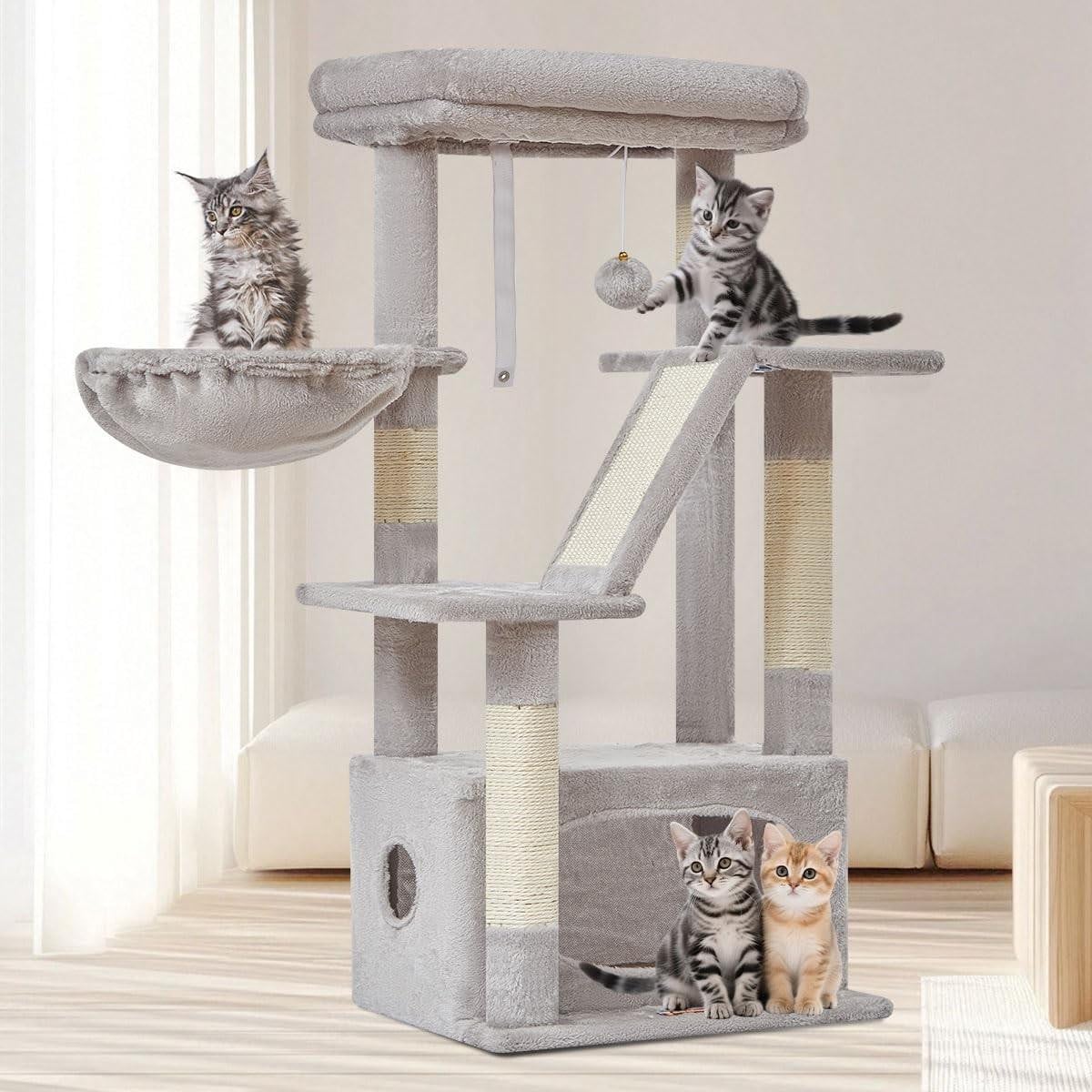 Merkloze kattenboom met 4 krabpalen en caves - Lichtgrijs - 98 cm