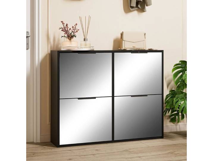 GOOBUY Armoire à Chaussures Inclinable 100cm Étagère à Chaussures avec 4 Compartiments Surface Miroir Étagère Réglable Noir