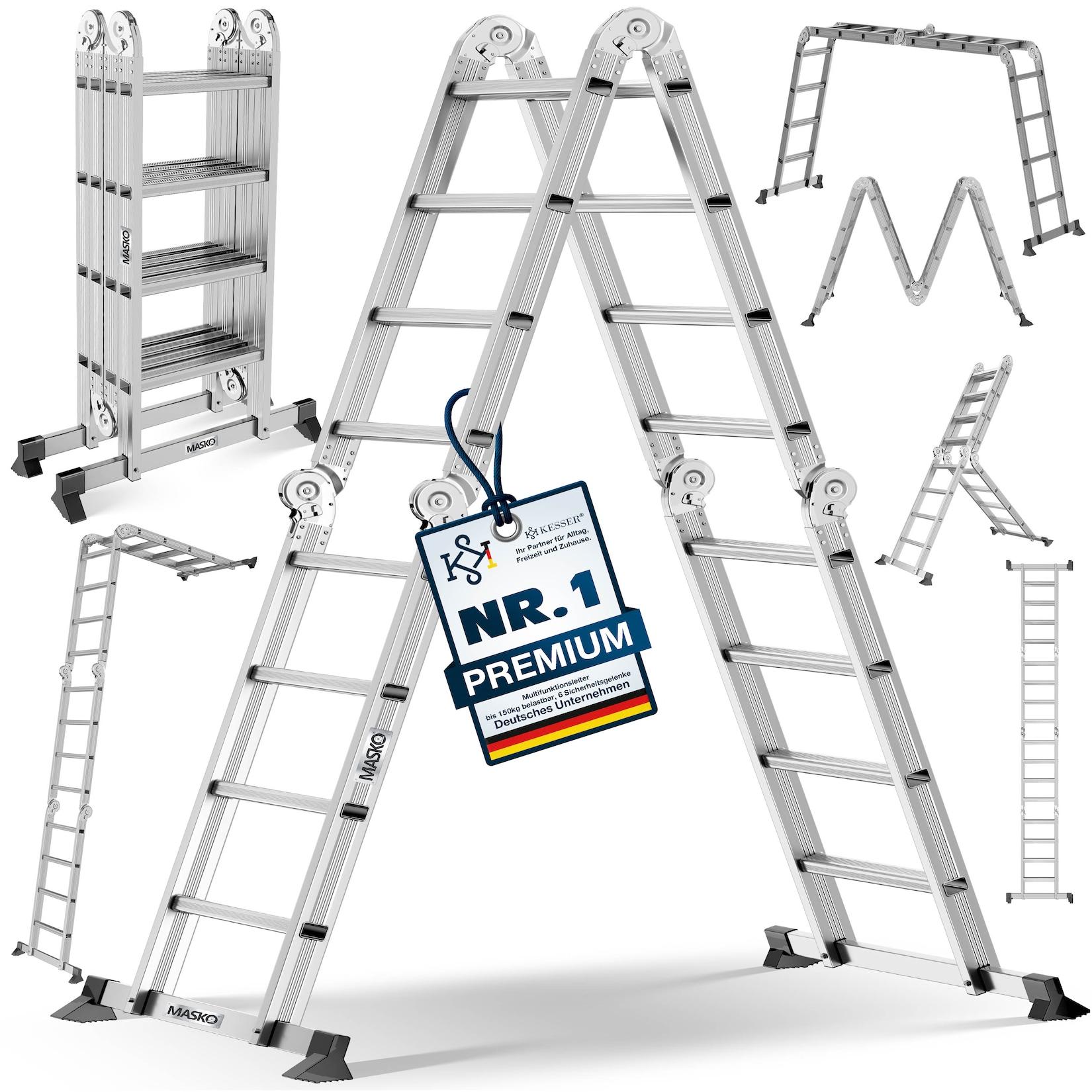 MASKO® Leiter Aluminium Mehrzweckleiter 150 Kg belastbar, 6in1 multifunktional mit Verriegelung, Gelenkleiter, Anlegeleiter, beidseitige Steh- und Treppenleiter