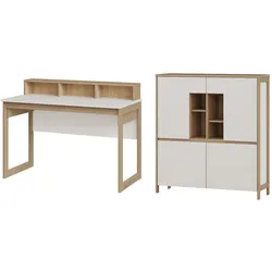 WOHNKOMBINATION weiß, Eiche, Set mit Highboard und Schreibtisch, Soft-Close, Finnes
