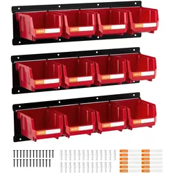 VEVOR Stapelboxen Wandmontage, 137x105x75mm Lagerboxen (12er-Pack) & 3 Metallschienen, Sichtlagerboxen für Schrauben Muttern Bolzen Nägel, Werkzeug-Organizer für Werkstatt Bastelraum Garage, Rot