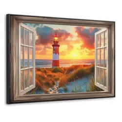 LEINWAND Bilder mit Rahmen - Aussicht - Fenster - Leuchtturm - Sonnenuntergang - Strand - 150x100