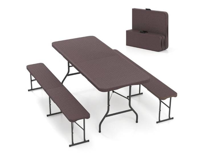 Lot de table pliante 180 cm et bancs pliants effet rotin pour repas en extérieur