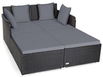 Costway Spacious Outdoor Rattan Daybed with Upholstered Cushions and Pillows-Gray