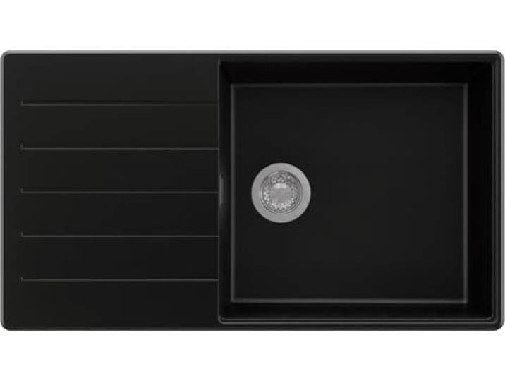 PRIMAGRAN Spülbecken ab 60er Unterschrank + Ablauf-Set, 90x50cm Set: Ablauf-Set (Siphon, Ablaufgarnitur, Überlauf) + Granitspüle 1 Becken - Kopenhagen Top, Schwarz