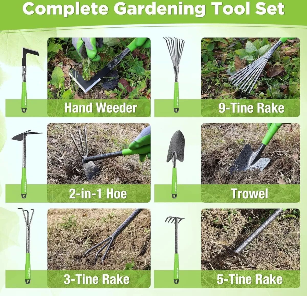 INF Ensemble de 6 outils de jardinage - Outils à main en plastique vert et en métal pour semis et plantation